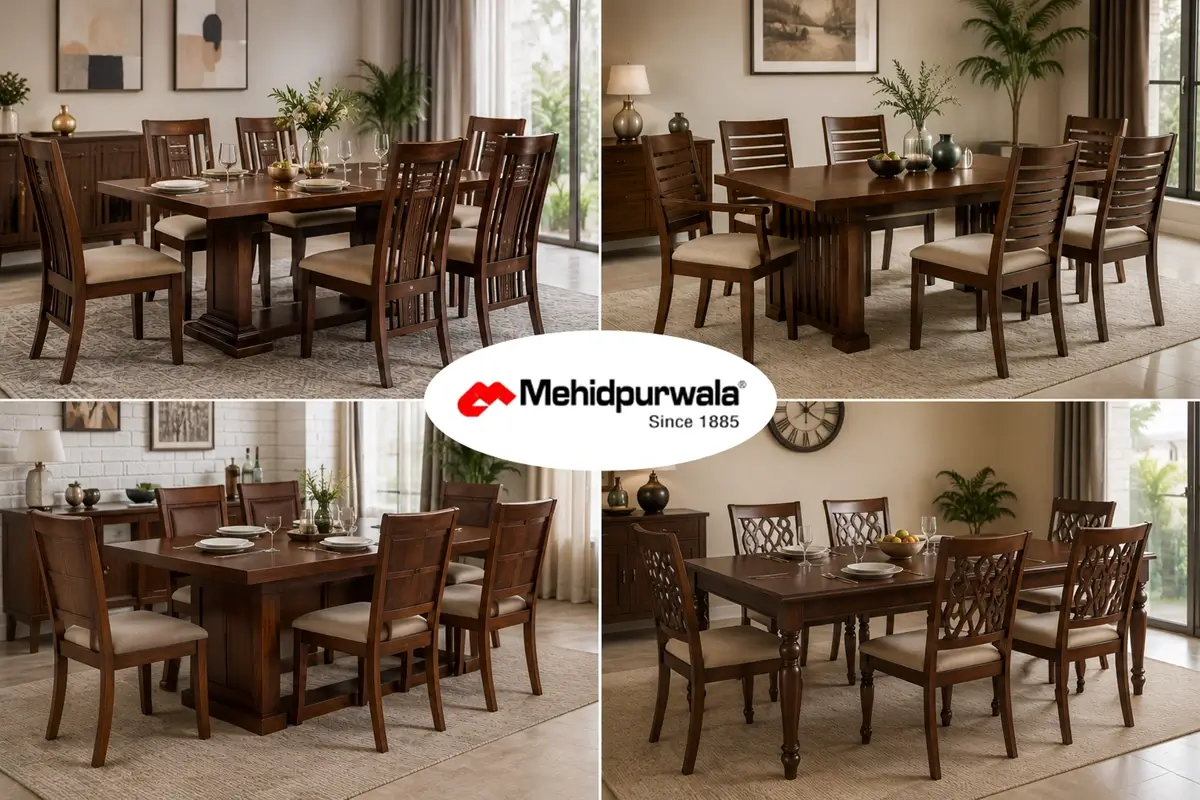 Family seated around a 6 seater dining table during meal in Indian home