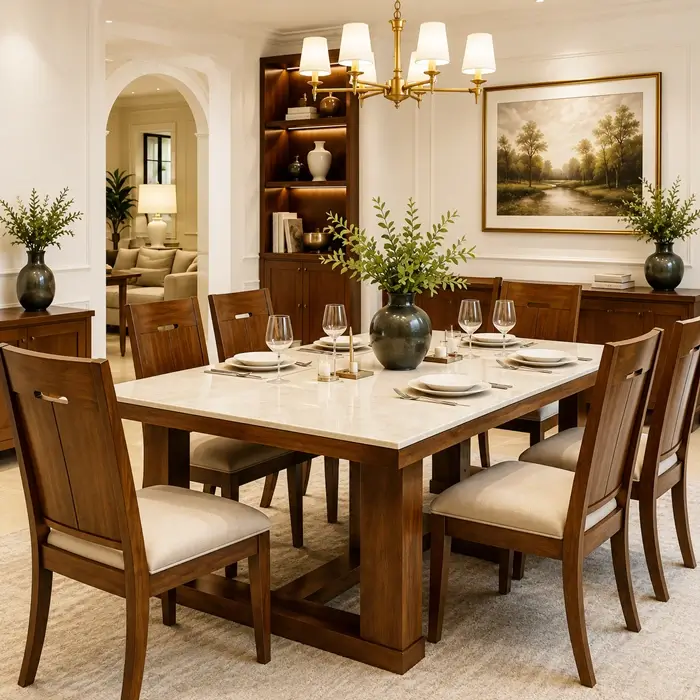 Modern 6 seater wooden dining table set in Indore showroom