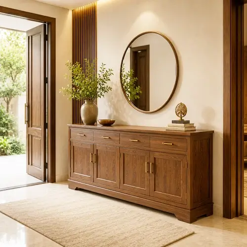 Custom crafted wooden entryway console table and smart storage furniture unit.