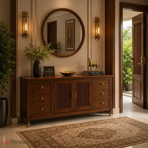 Custom crafted wooden entryway console table and smart storage furniture unit.