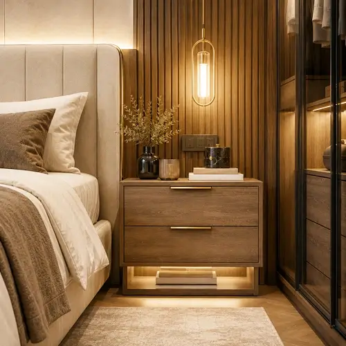 Timber nightstands and cabinets.