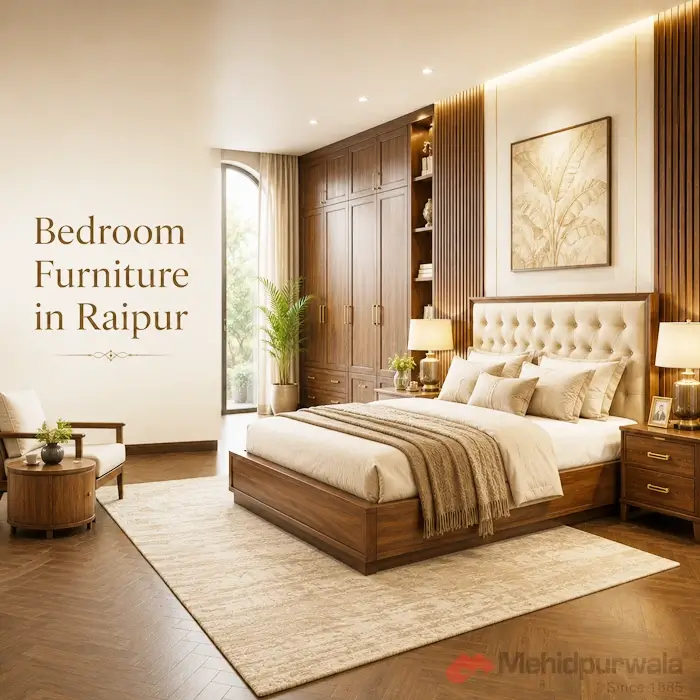 Premium showroom display of solid wood bedroom furniture sets in Raipur.
