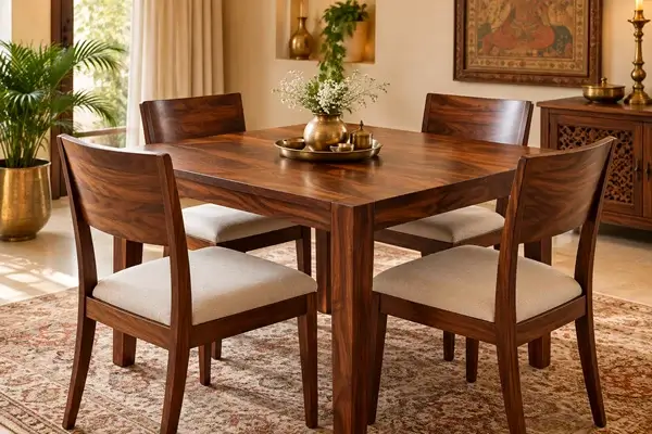 Classic solid wood 4 seater dining set with rich natural grain finish