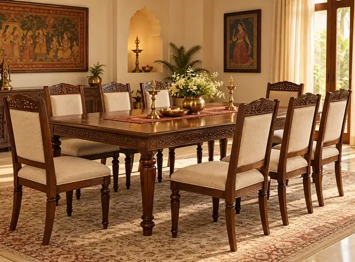 Traditional handcrafted solid wood 8 seater dining set in Indore