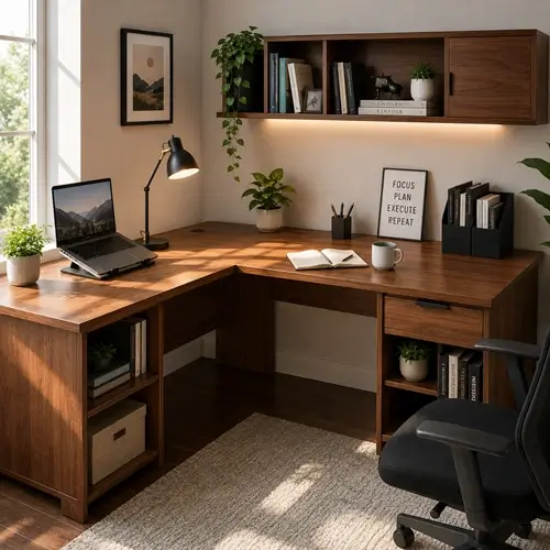 Smart L shaped wooden corner desks in Bhopal studio