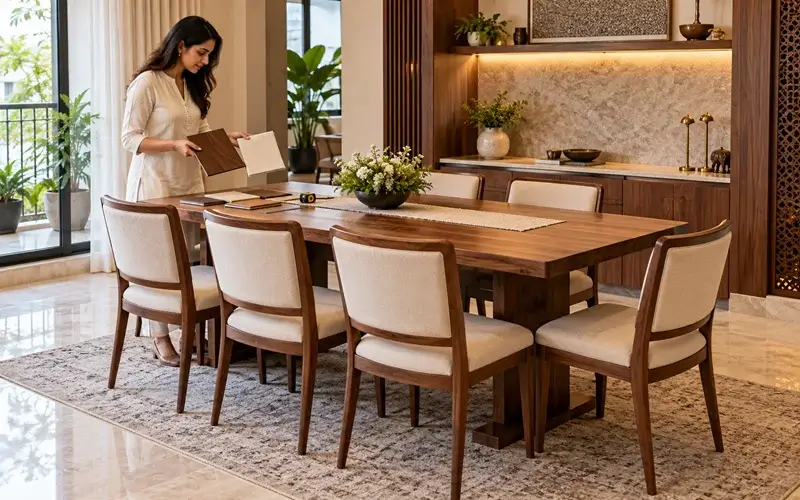 Customizable 6 seater dining furniture designed for specific room layouts
