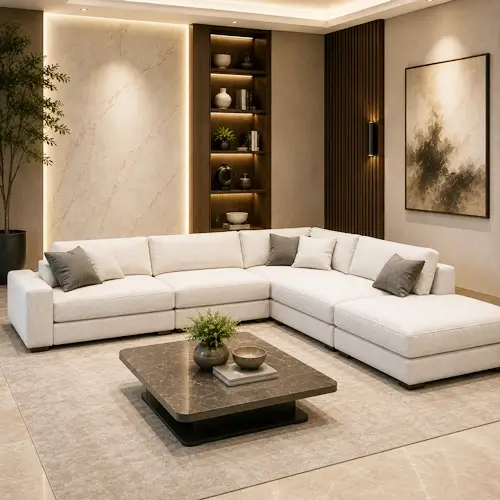 Premium fabric L shape sofa set in Raipur showroom