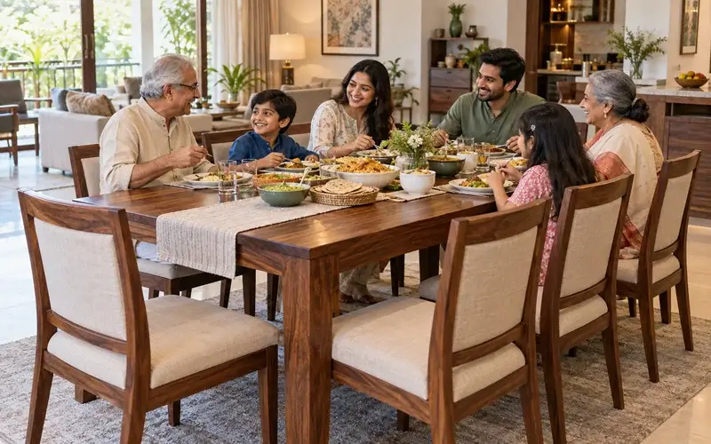 Comfortable 8 seater dining table arrangement for family meals and interaction