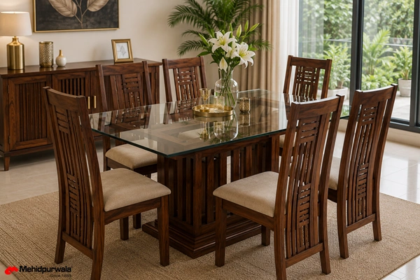 Modern tempered glass top 6 seater dining table set by Mehidpurwala Furnishers