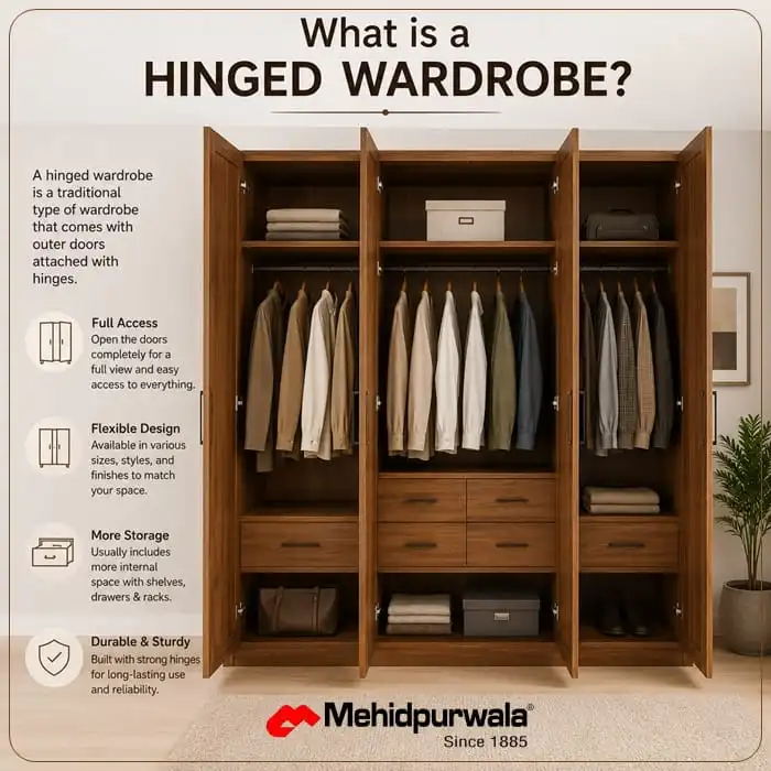 Classic hinged wooden wardrobe with full-length mirrors in an Indian master bedroom