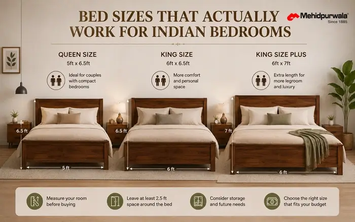 Spacious king size and compact queen size wooden bed frame layouts optimized for standard Indian bedrooms.
