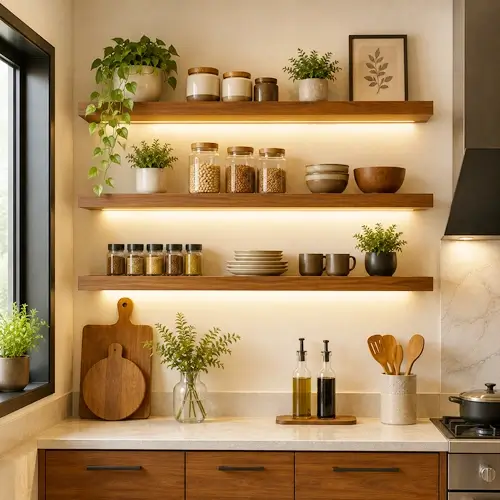 Designer kitchen wall storage shelves in Mehidpurwala Indore studio