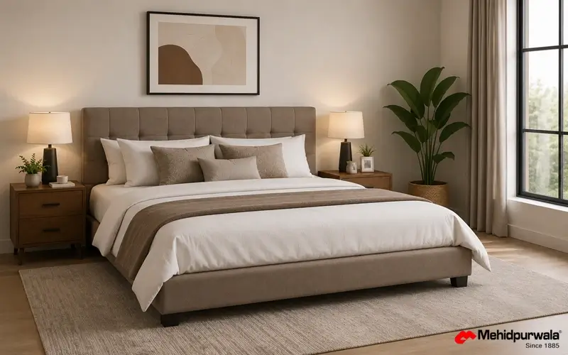 Spacious solid wood king size bed beautifully arranged inside a large modern Indian master bedroom.
