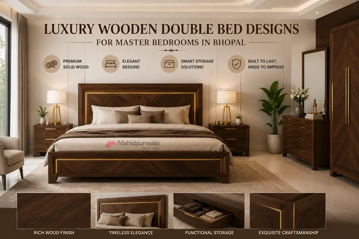 Premium teakwood double bed craftsmanship perfectly displayed inside a luxury master bedroom in Bhopal.
