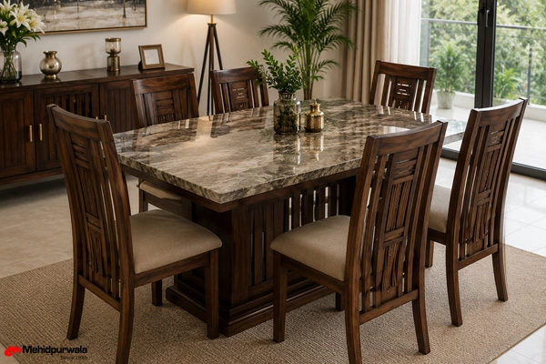 Luxury marble top 6 seater dining table with wooden base by Mehidpurwala