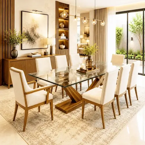 8 seater glass top dining tables.