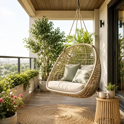 Balcony swings and outdoor loungers.