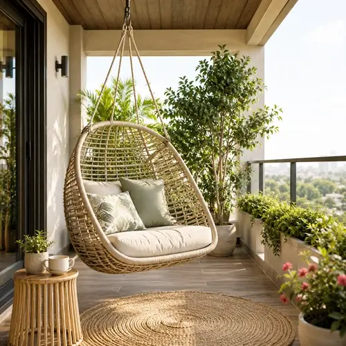 Balcony swings and outdoor loungers.