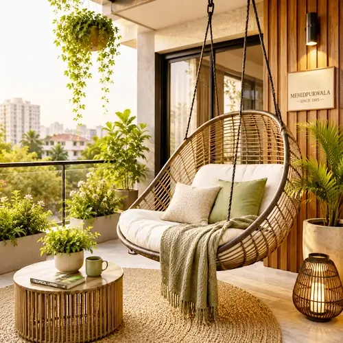 Balcony swings and outdoor loungers.