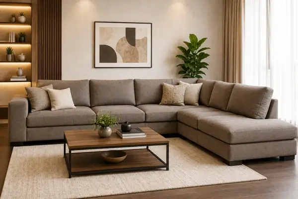 Stylish L shaped sectional sofa set arranged beautifully in a contemporary apartment living room.