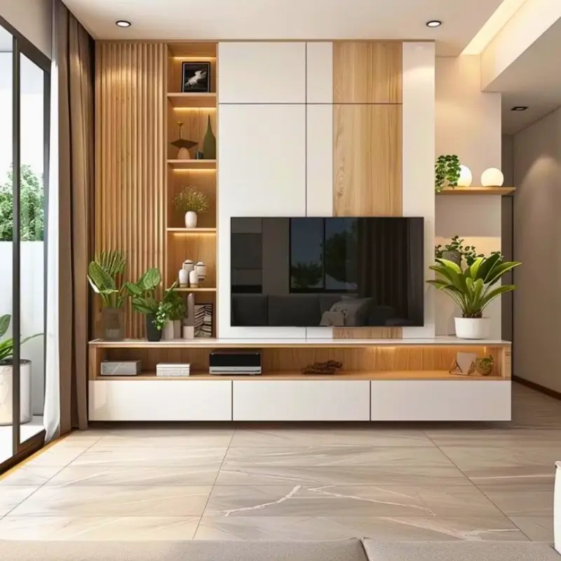 Modern TV unit cabinet with shelves and storage