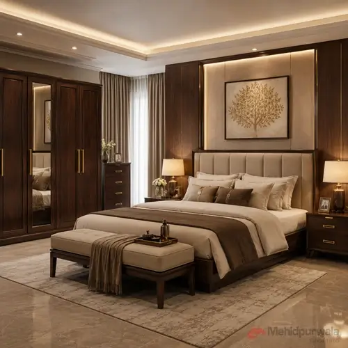 Luxury double bed and matching wardrobe set for master bedrooms in Bhopal.