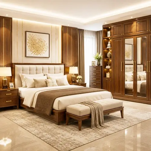 Luxury double bed and matching wardrobe set for master bedrooms in Raipur.