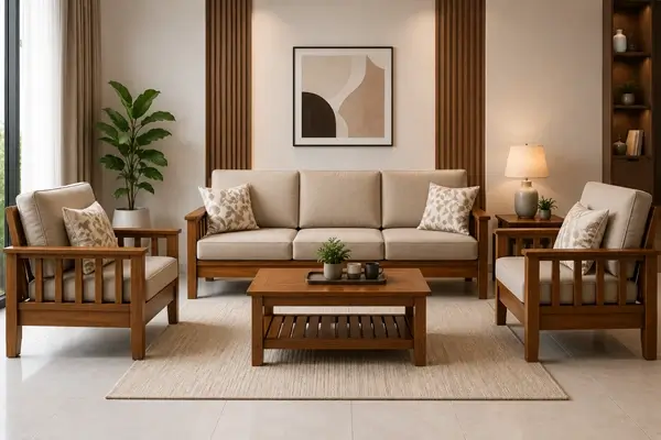 Classic and durable solid wood sofa set with intricate premium carving work for traditional homes.