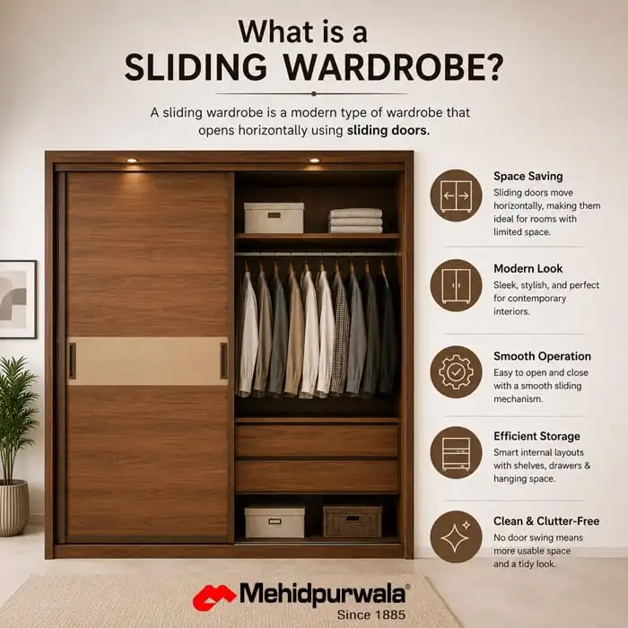 Modern sliding wardrobe with mirror doors in an Indian bedroom interior
