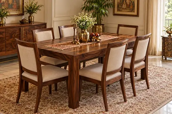 Solid wood 6 seater dining table with rich natural polished finish