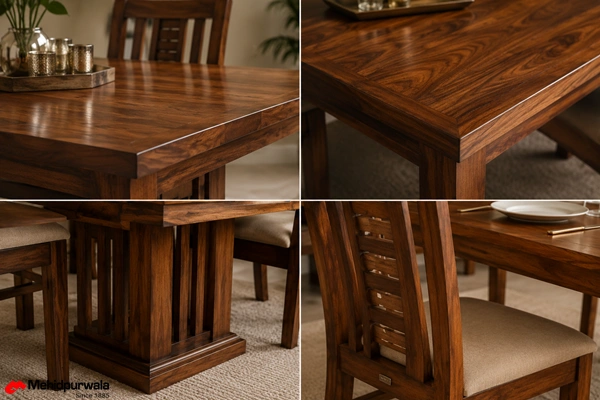 Solid wood 6 seater dining table in teak and sheesham finish by Mehidpurwala