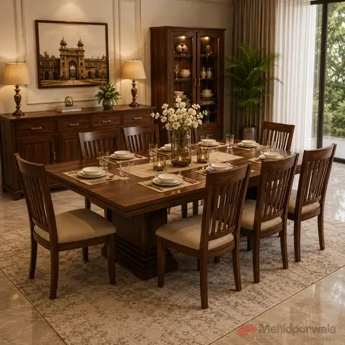 Elegant six seater solid wood dining table set with premium finish upholstery.