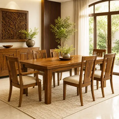 Elegant six seater solid wood dining table set with premium finish upholstery.
