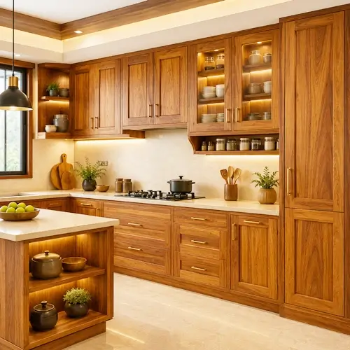 Solid teak wood kitchen cabinets crafted by manufacturers in Indore