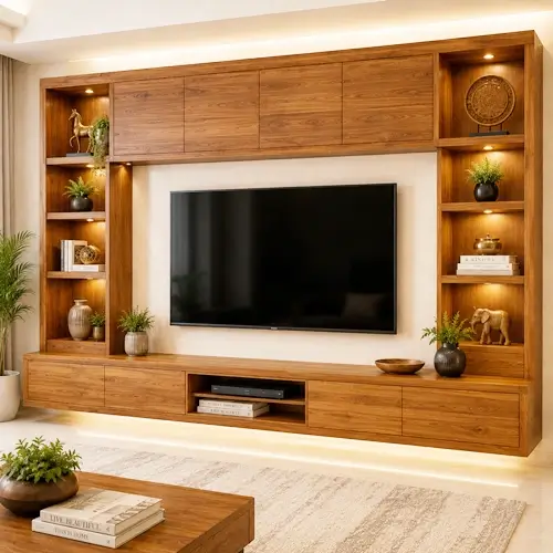 Solid teak wood wall cabinets crafted by manufacturers in Indore