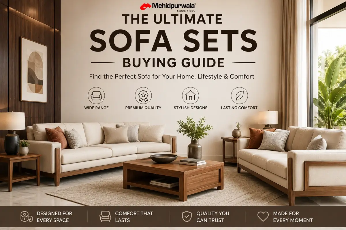 Comprehensive guide banner displaying a luxury luxury sofa set for a modern Indian living room.