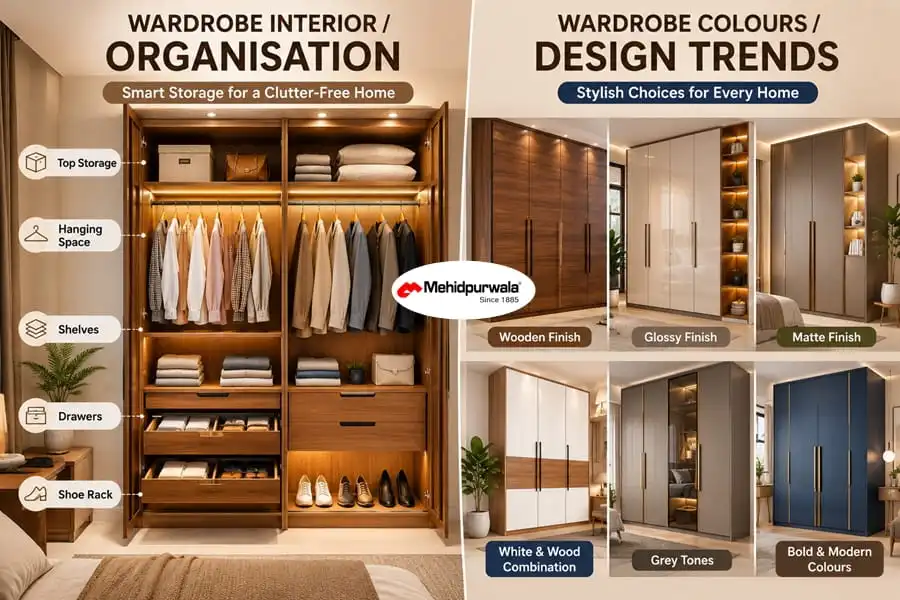 Modern wardrobe colour options — white, walnut, and charcoal finishes for Indian bedrooms 2025