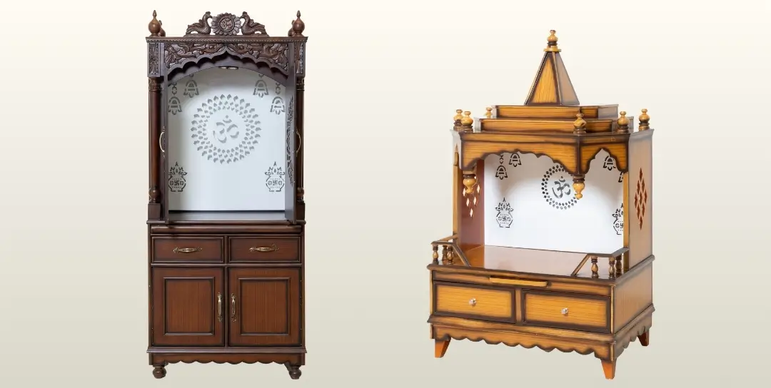 Handcrafted dark wooden pooja mandir with intricate carving